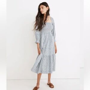 Madewell Lucie Elbow-Sleeve Smocked Midi Dress in Sunflower Field